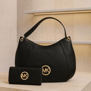 MICHAEL Michael Kors Black Leather Fulton Crossbody Bag + Long Wallet Set